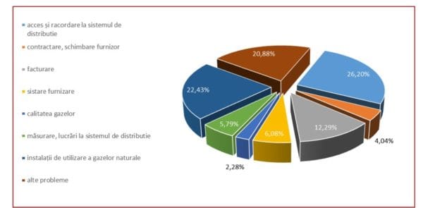 Ponderea cea mai mare a principalelor probleme semnalate de către consumatori în perioada 2012-2016 se referă la accesul și racordarea la sistemul de distribuție (26,2%), urmată de utilizarea instalațiilor de gaze naturale (22,43%) și alte categorii (sistare furnizare, calitatea gazelor, facturare etc.)