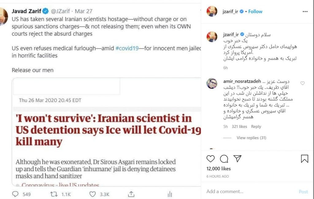 "O veste bună, un avion care îl transportă pe dr. Sirous Asgari a decolat din America. Felicitări soţiei şi familiei sale!", a scris Zarif pe contul său de Instagram.