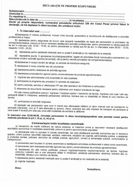 Modelul declaraţiei pe proprie răspundere pentru localităţile din Ilfov – Corbeanca, Dobroești, Măgurele, Mogoșoaia, Otopeni și Popești Leordeni