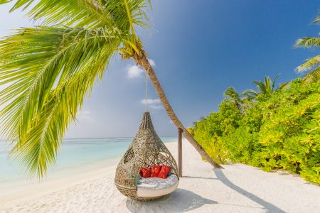 Beautiful tropical Maldives beach under cloudy sky with swings on coconut palm. Luxury vacation - Image shutterstock_748023100