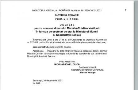 Mădălin-Cristian Vasilcoiu a fost numit secretar de stat la Ministerul Muncii și Solidarității Sociale