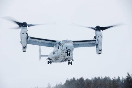 Source: Norwegian armed forces A USMC MV-22B Osprey on a training mission in Norway in February 2022
