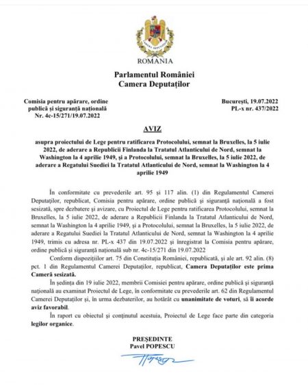 Pavel Popescu: Aviz pozitiv ISTORIC pentru ratificarea Protocoalelor de aderare a Republicii Finlanda şi a Regatului Suediei la NATO
 - poza 1