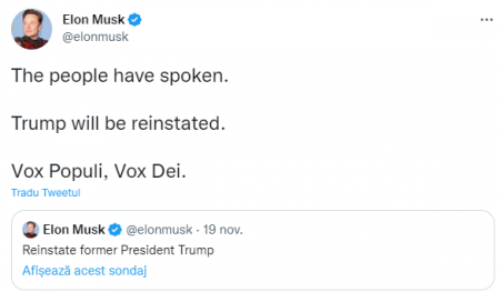 Elon Musk a anunţat restabilirea contului de Twitter al lui Donald Trump
 - poza 1