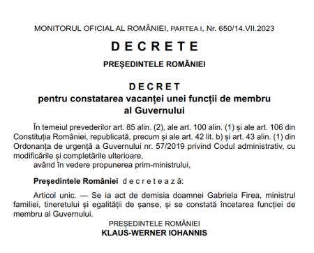 Decretul prin care se ia act de demisia Gabrielei Firea de la Ministerul Familiei, publicat în Monitorul Oficial
 - poza 1