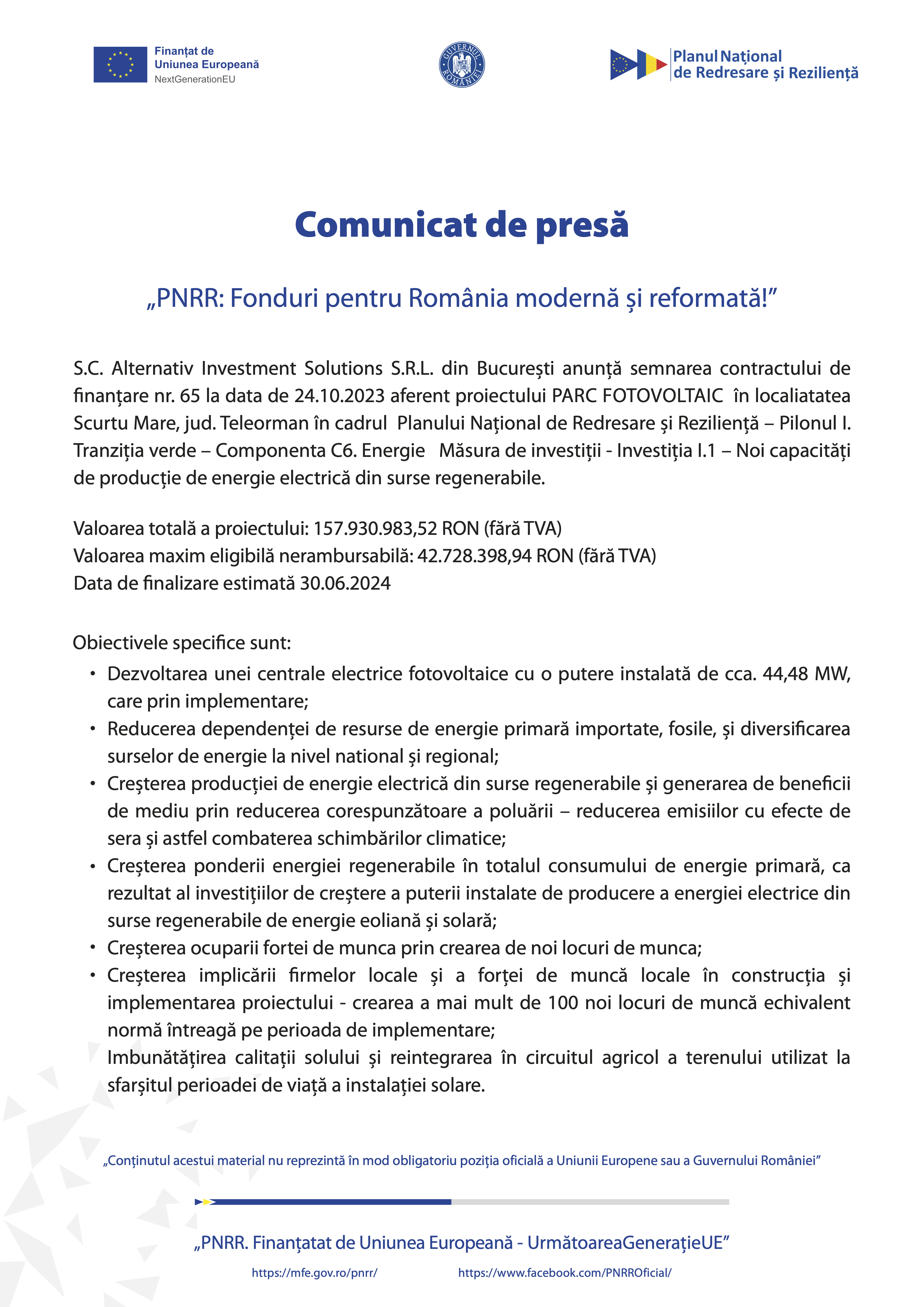 Comunicat de presa PNRR: Fonduri pentru Romania modernă și reformată, Alternativ Investment Solutions