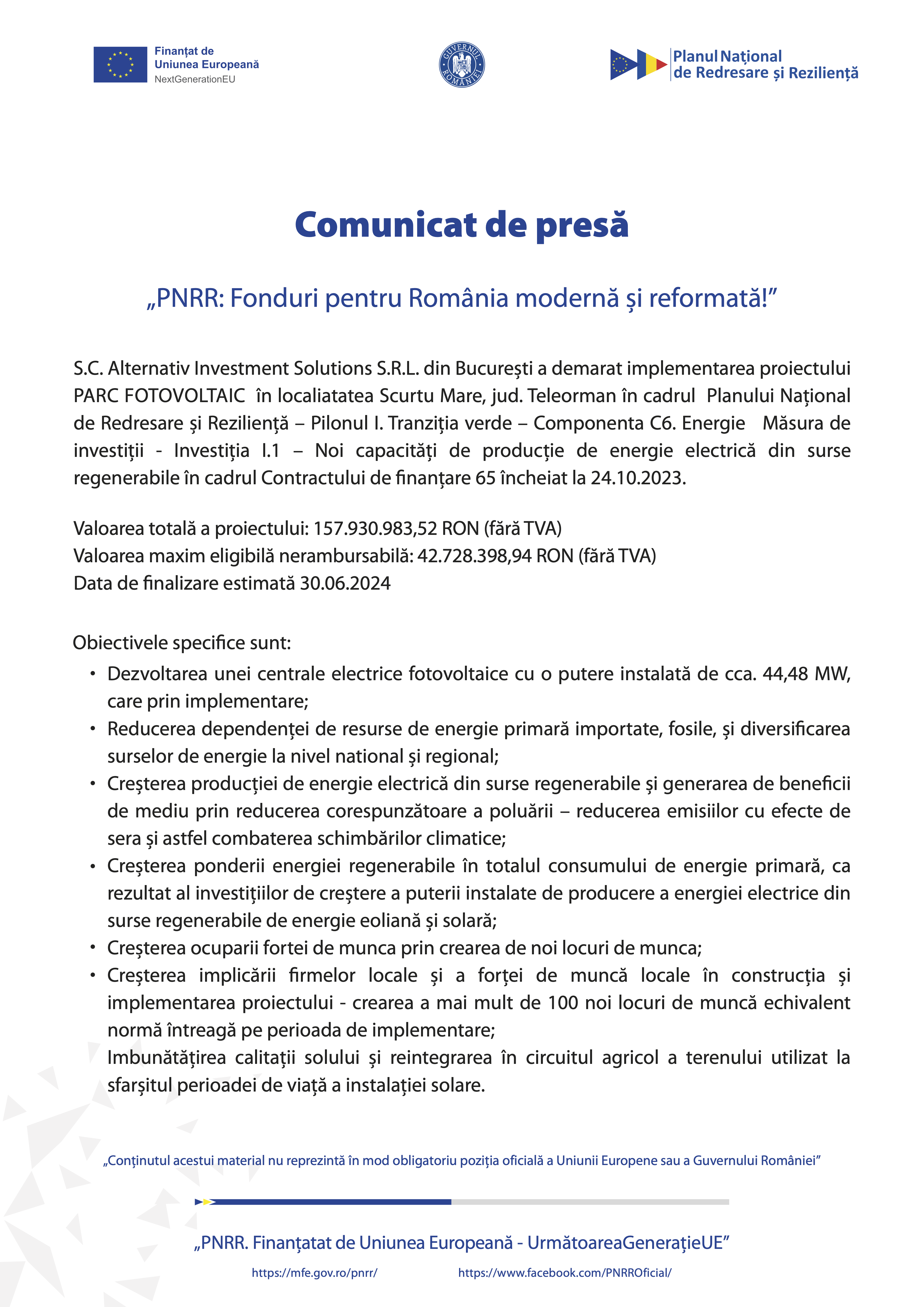 PNRR Alternativ Investment Solutions SRL Comunicat de presa