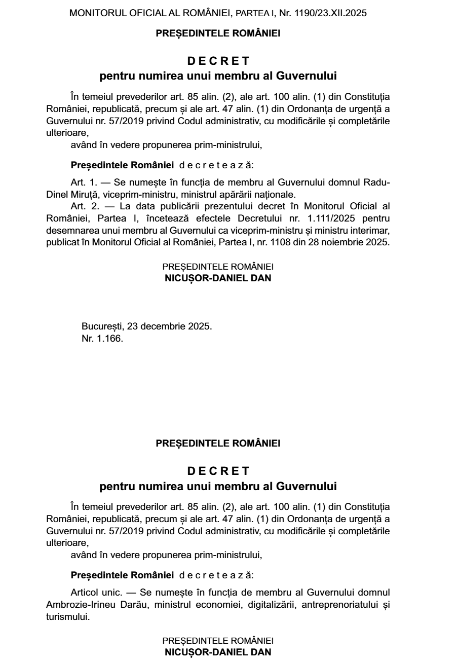Decretele de numire &icirc;n funcţie a noilor miniştri de la Apărare şi Economie, publicate &icirc;n Monitorul Oficial
 - poza 1