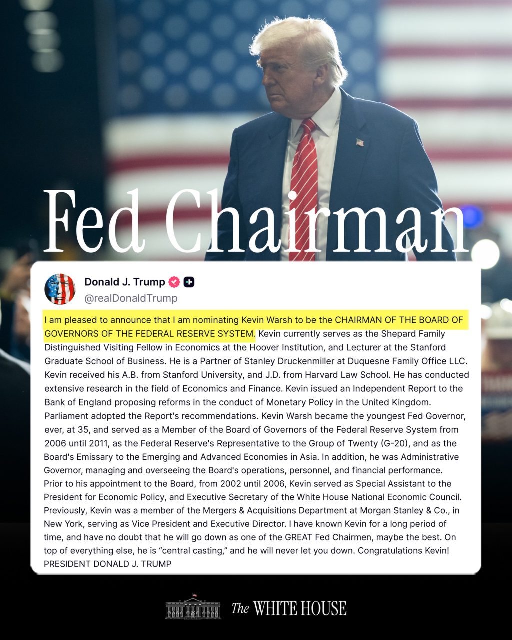 Trump l-a desemnat pe Kevin Warsh pentru postul de preşedinte al Rezervei Federale (Fed)
 - poza 1