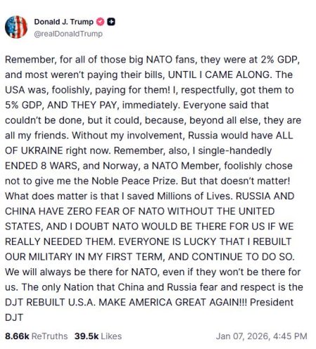Trump critică aliații NATO în timp ce criza din Groenlanda se adâncește: „Mă îndoiesc că NATO ne-ar ajuta dacă am avea cu adevărat nevoie de ei”; “Fără implicarea mea, Rusia ar fi avut TOATĂ UCRAINA în acest moment” - poza 1