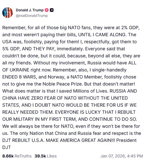 Trump critică aliații NATO &icirc;n timp ce criza din Groenlanda se ad&acirc;ncește: &bdquo;Mă &icirc;ndoiesc că NATO ne-ar ajuta dacă am avea cu adevărat nevoie de ei&rdquo;; &ldquo;Fără implicarea mea, Rusia ar fi avut TOATĂ UCRAINA &icirc;n acest moment&rdquo;
 - poza 1
