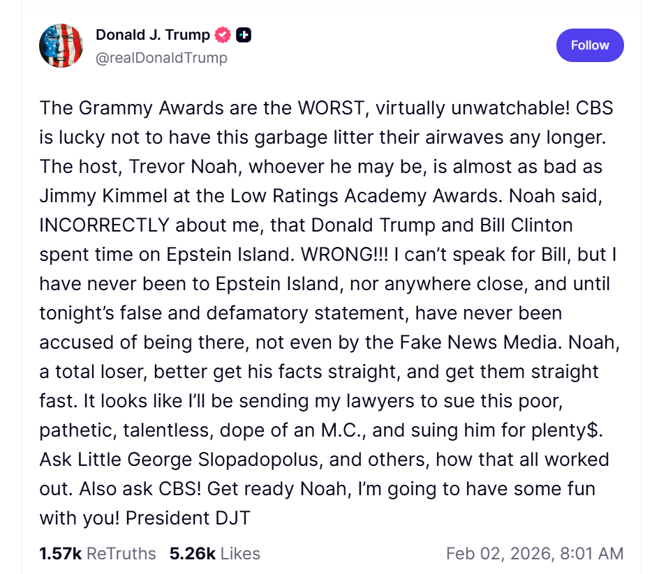 Donald Trump &icirc;l ameninţă cu acţiuni &icirc;n justiţie pe prezentatorul Premiilor Grammy
 - poza 1
