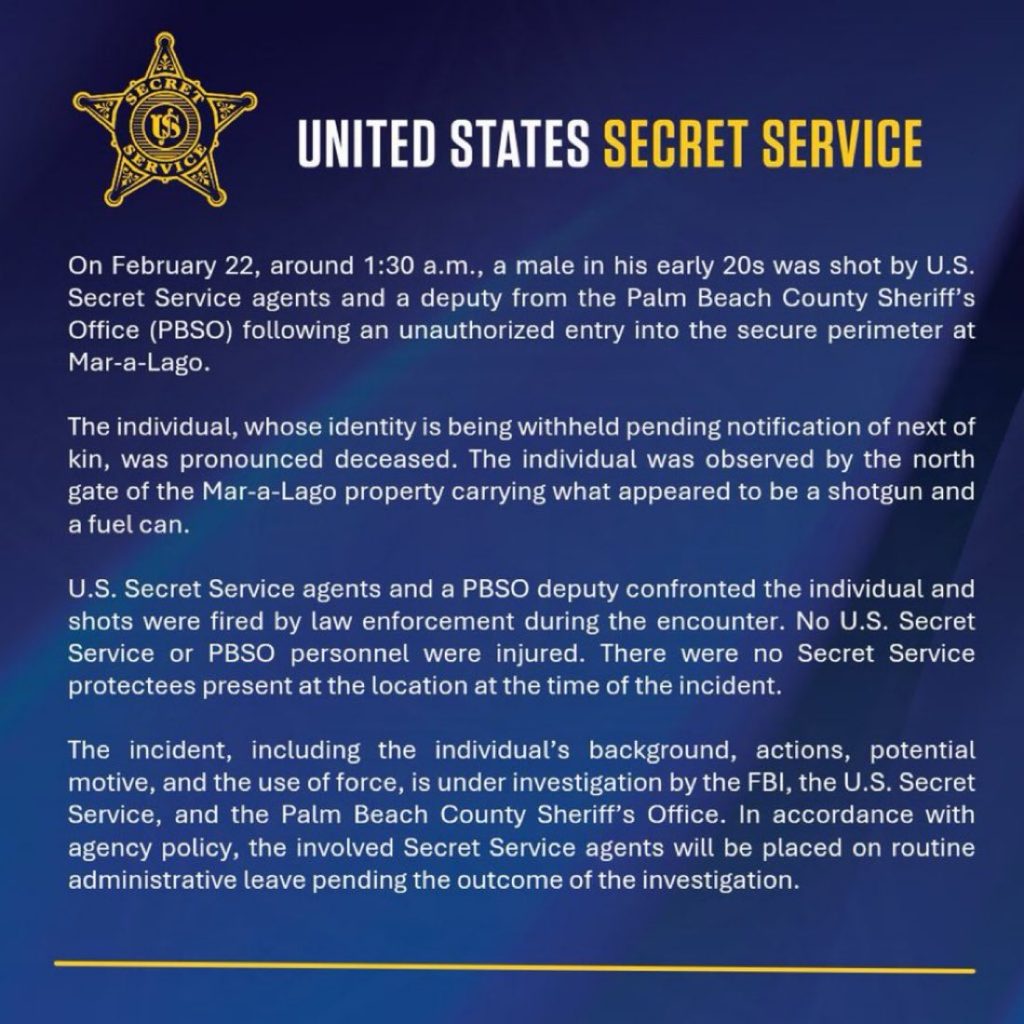 Secret Service anunţă că agenţii săi au &icirc;mpuşcat mortal un bărbat care &icirc;ncerca să intre la Mar-a-Lago
 - poza 1