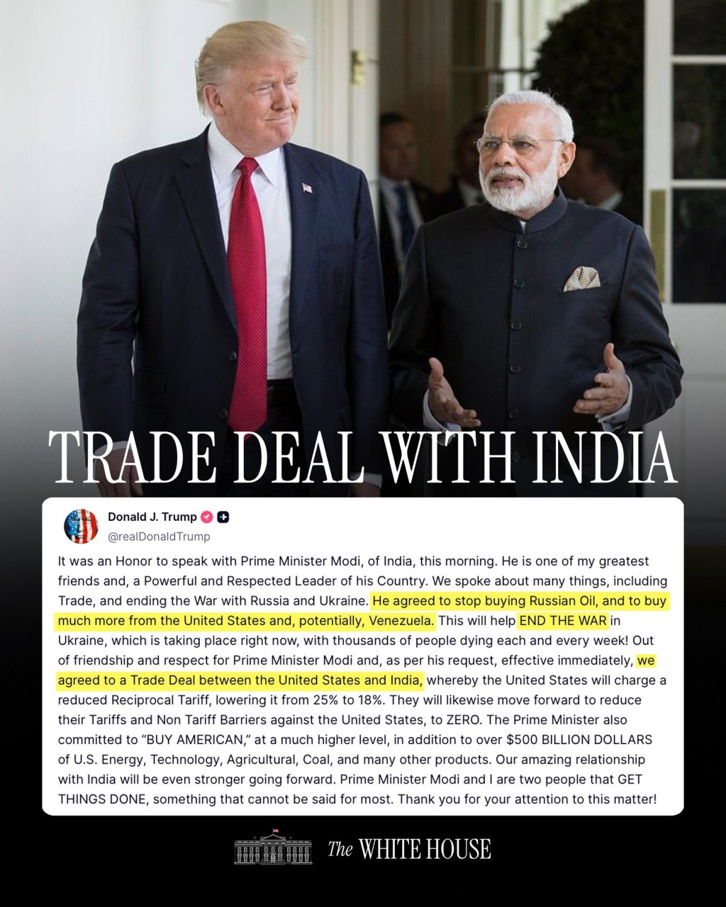 Trump anunţă un acord comercial &icirc;ntre SUA şi India, care ar urma să nu mai cumpere petrol rusesc
 - poza 1