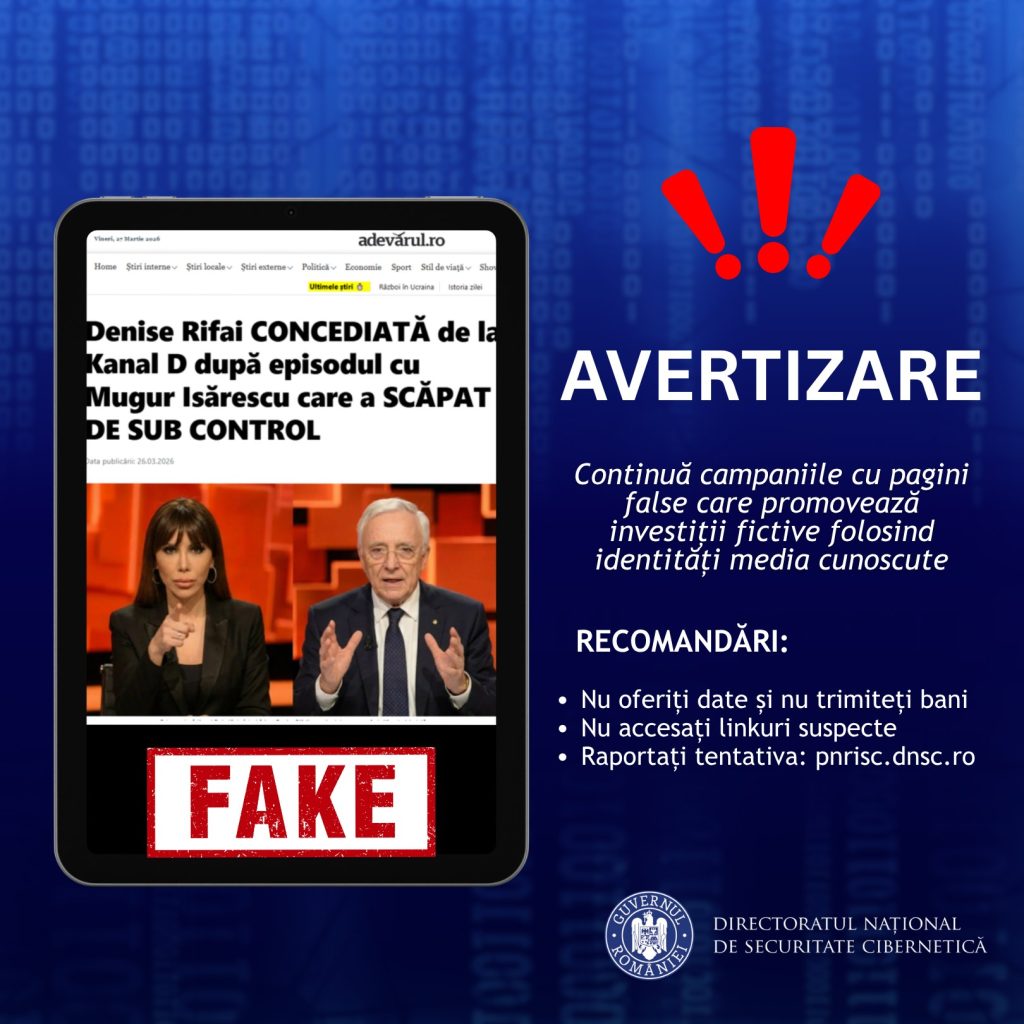 DNSC avertizează asupra tentativelor de fraudă ce implică pagini web falsificate ale unor entităţi media
 - poza 1