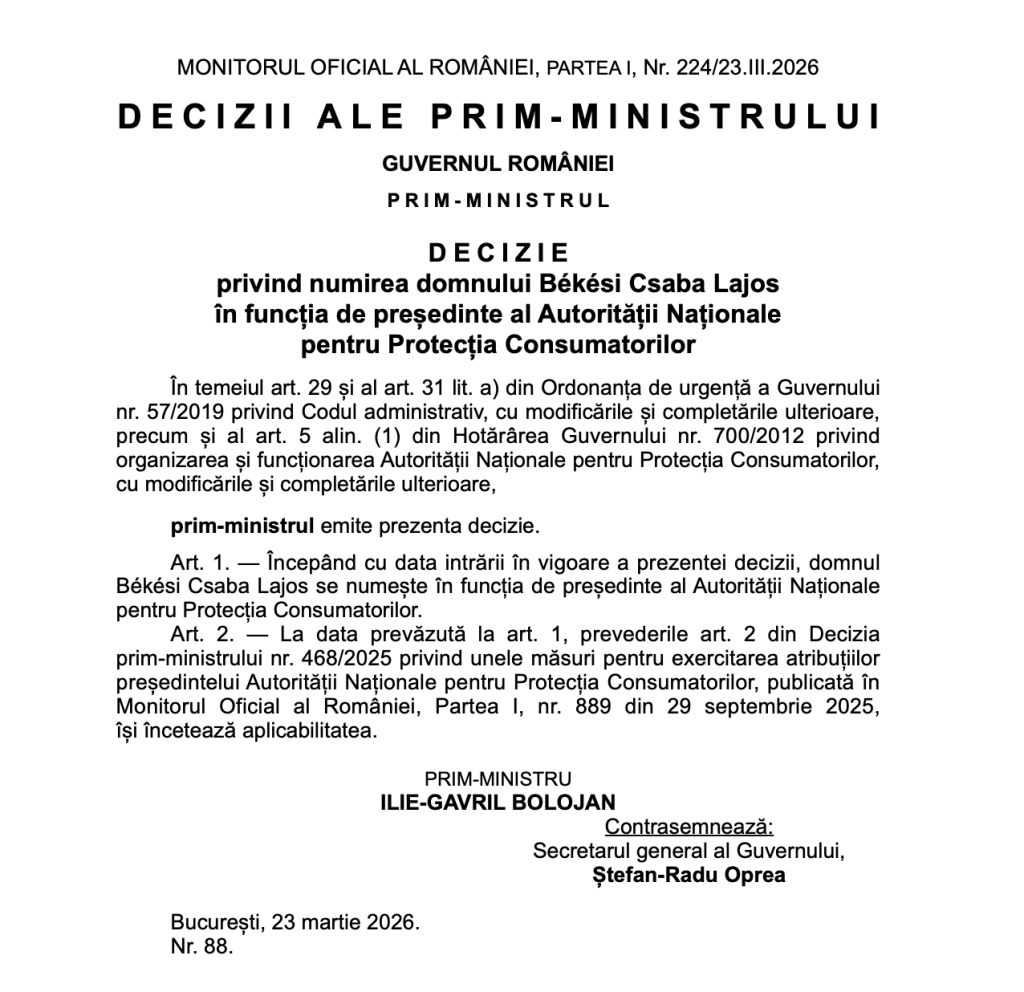 Bekesi Csaba Lajos, numit &icirc;n funcţia de preşedinte al Autorităţii Naţionale pentru Protecţia Consumatorilor
 - poza 1