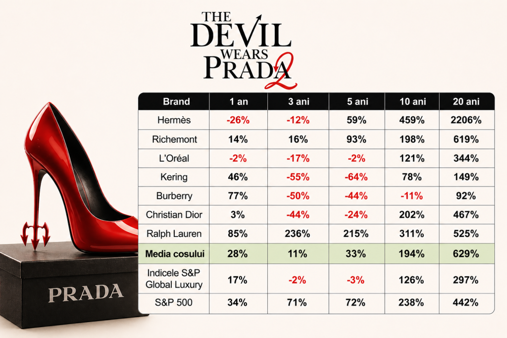 O platformă de tranzacționare a alcătuit un &bdquo;portofoliu Miranda&rdquo; ipotetic, &icirc;nainte de lansarea filmului &bdquo;Diavolul se &icirc;mbracă de la Prada 2&rdquo;: randament de 629%, &icirc;n 20 de ani, condus de acțiunile Herm&egrave;s, cu un plus de 2.206%
 - poza 1