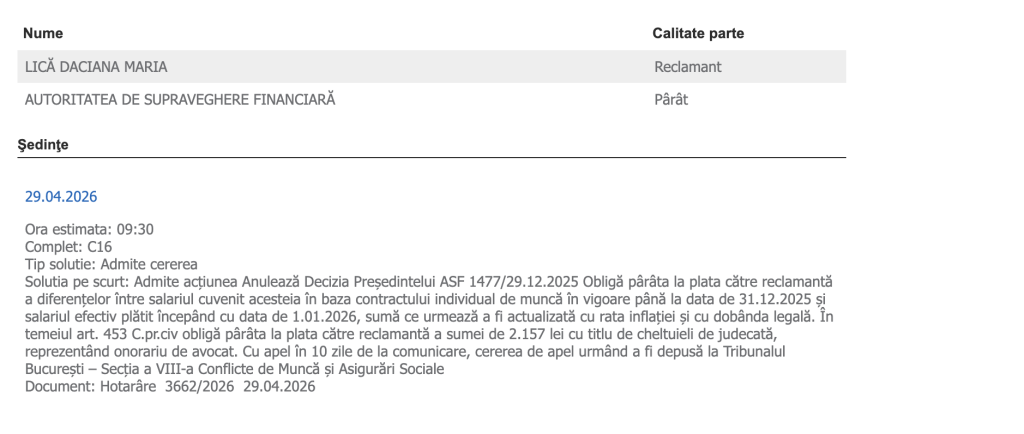 Tribunalul București obligă ASF să plătească diferențe salariale unei angajate și anulează o decizie a președintelui instituției; decizia nu este definitivă
 - poza 1