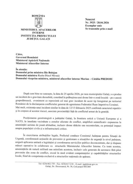 Andreea Naggar, fost prefect al judeţului Galaţi: Acum o lună am cerut Guvernului, MAI şi MAPN măsuri urgente pentru protejarea Galațiului de riscurile generate de drone - poza 1
