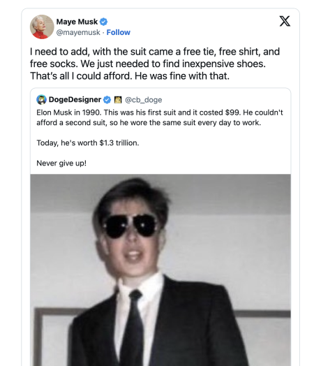Primul costum al lui Elon Musk a costat 99 de dolari și includea o cravată, o cămașă și șosete gratuite; “Doar atât îmi puteam permite”, spune mama lui - poza 1