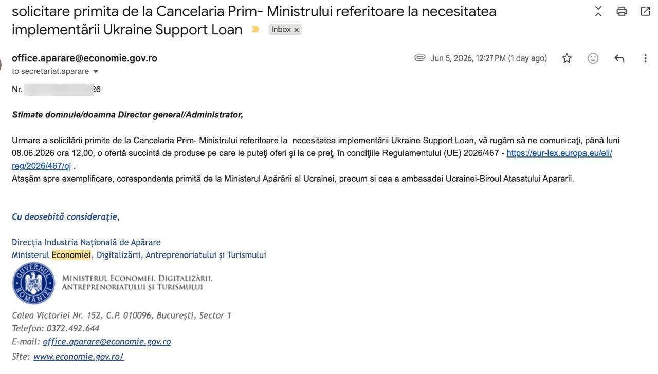 Surse din industria de apărare: Ministerul Economiei ne-a cerut oferte pentru programul &bdquo;Ukraine Support Loan&rdquo; cu termen de răspuns de doar c&acirc;teva ore lucrătoare, chiar dacă teoretic ne-au dat trei zile; Documentele arată că solicitările Ucrainei erau cunoscute de luni de zile
 - poza 2