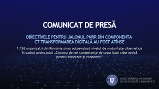 Obiectivele pentru jalonul PNRR din Componenta C7 Transformarea digitală au fost atinse. 1.126 organizații din România și-au autoevaluat nivelul de maturitate cibernetică (DNSC) - poza 1