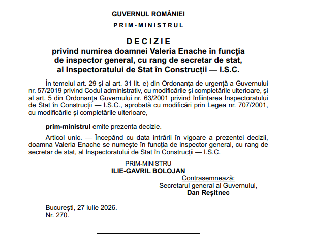 Valeria Enache &ndash; numită inspector general al Inspectoratului de Stat &icirc;n Construcţii
 - poza 1