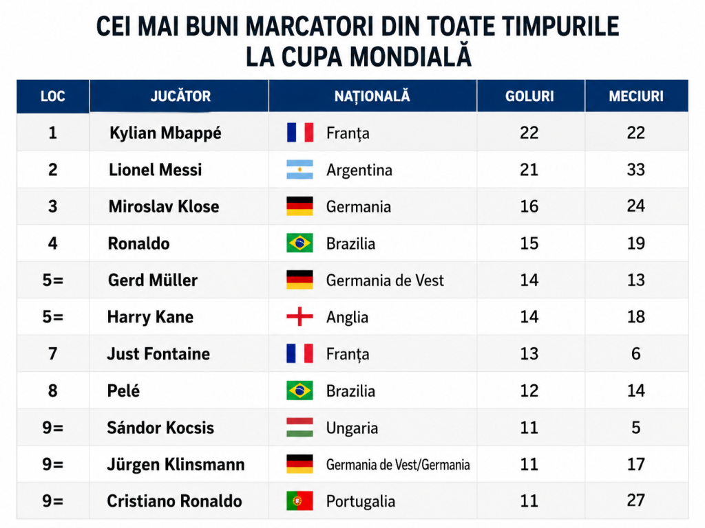 Topul celor mai buni marcatori din toate timpurile la Cupa Mondială
 - poza 1