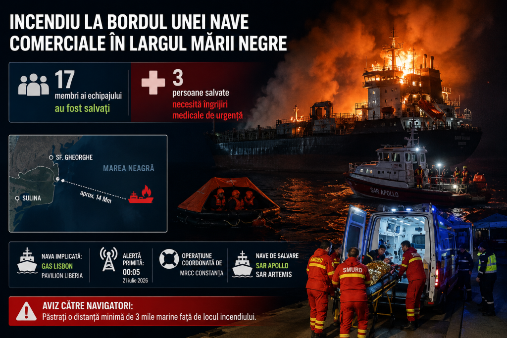 Incendiu la bordul unei nave comerciale &icirc;n largul Mării Negre; toți cei 17 membri ai echipajului au fost salvați; Trei persoane salvate necesită &icirc;ngrijiri medicale de urgență (actualizare video)
 - poza 1