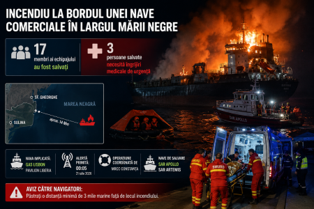 Incendiu la bordul unei nave comerciale în largul Mării Negre; toți cei 17 membri ai echipajului au fost salvați; Trei persoane salvate necesită îngrijiri medicale de urgență (actualizare video) - poza 1