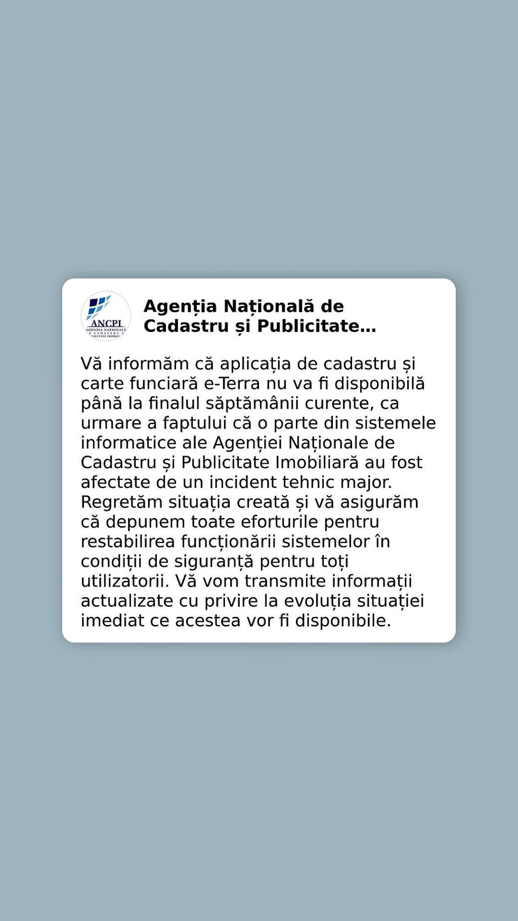 Sistemele informatice ale ANCPI, indisponibile după un incident tehnic major; aplicația e-Terra ar putea răm&acirc;ne nefuncțională p&acirc;nă la sf&acirc;rșitul săptăm&acirc;nii
 - poza 1