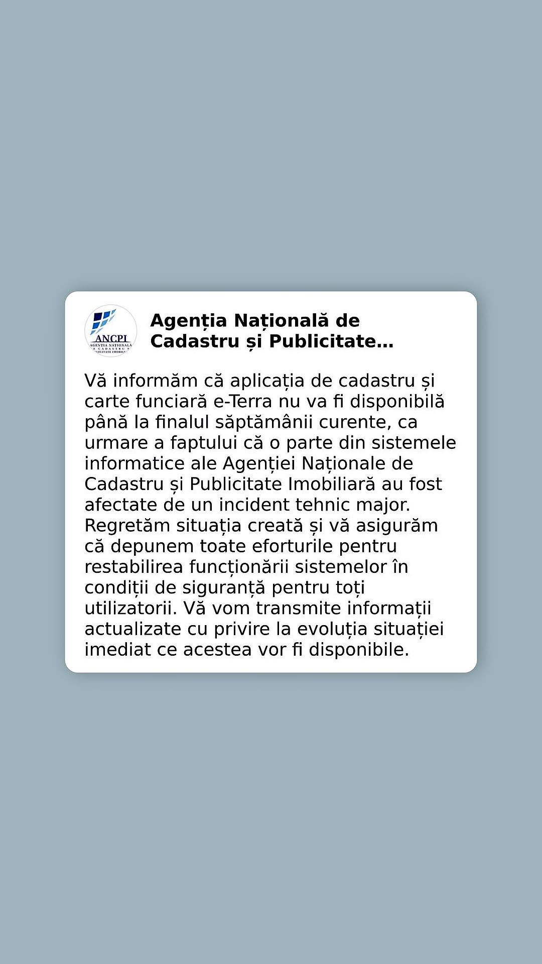Sistemele informatice ale ANCPI, indisponibile după un incident tehnic major; aplicația e-Terra ar putea rămâne nefuncțională până la sfârșitul săptămânii