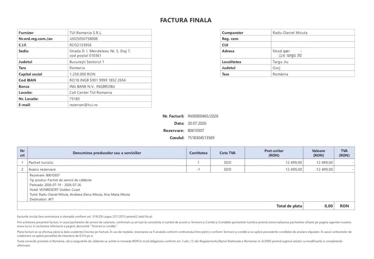 Radu Miruță și-a postat factura de la vacanța din Turcia: 2387 de euro pentru 3 persoane, 7 nopți, toate mesele și avion incluse
 - poza 2