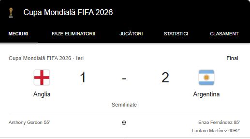 Argentina învinge Anglia cu 2-1; Va juca finala cu Spania