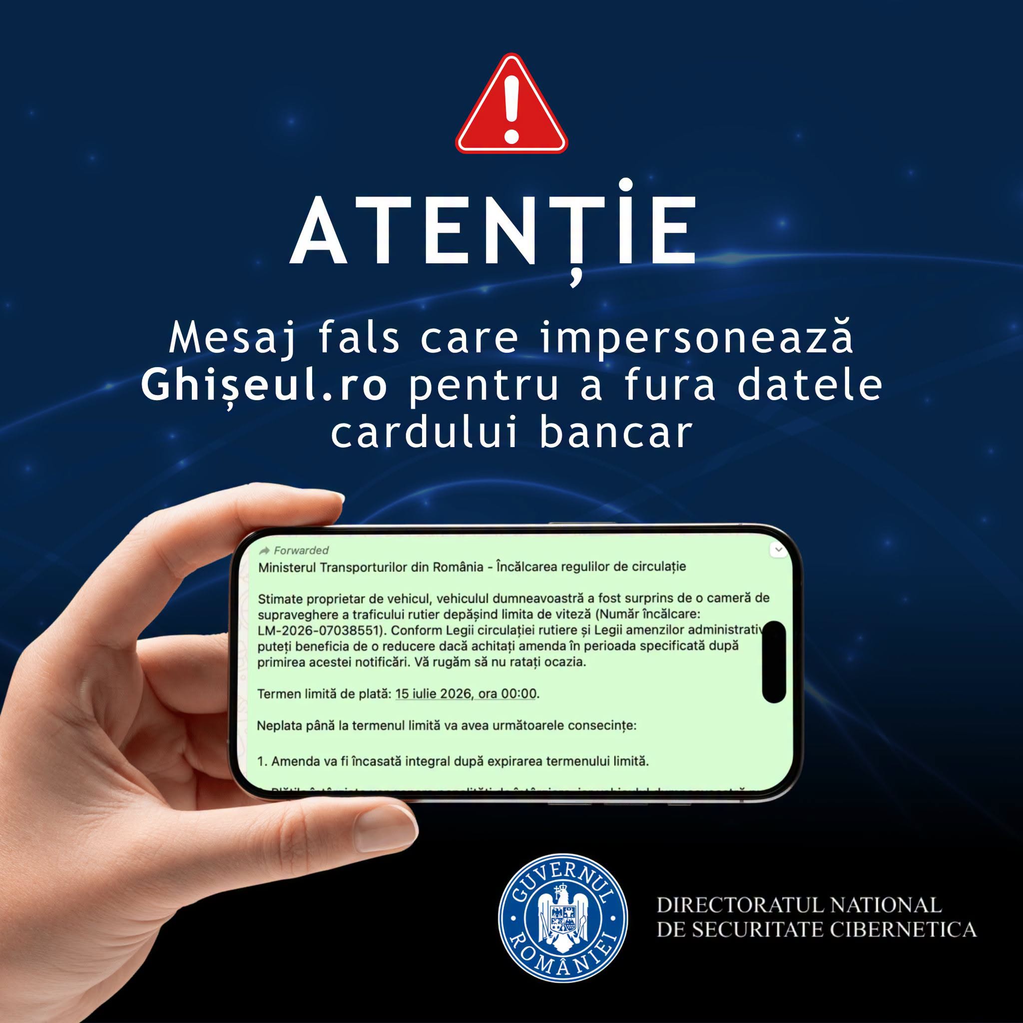 DNSC avertizează asupra unui nou mesaj fals,care impersonează Ghișeul.ro și este trimis prin SMS