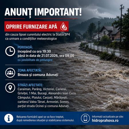 Hidro Prahova: Alimentarea cu apă potabilă, oprită în oraşul Breaza şi în comuna Adunaţi din cauza vijelie - poza 1