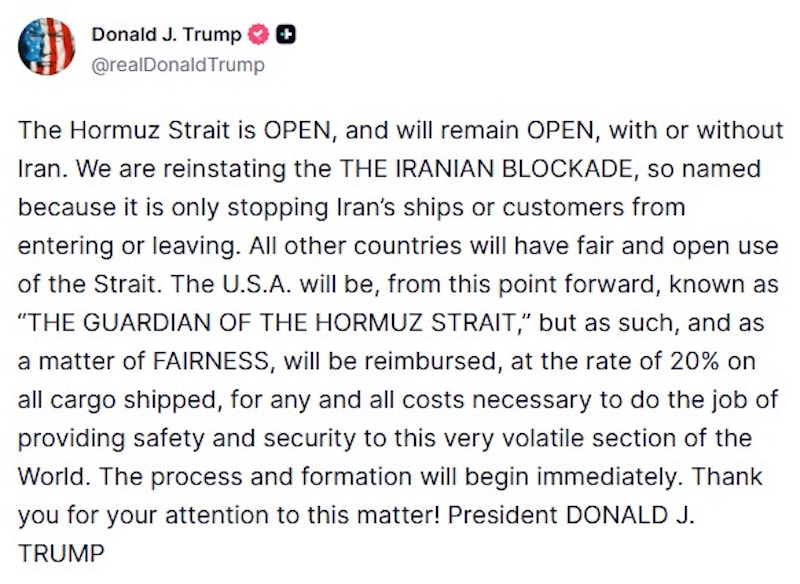 Trump: SUA &bdquo;reintroduc&rdquo; blocada asupra Str&acirc;mtorii Hormuz și vor percepe o taxă de 20% asupra mărfurilor; Ministrul iranian de externe ironizează amenințarea lui Trump de a percepe taxe; Agenția ONU pentru transport maritim se opune &bdquo;perceperii de taxe pentru trecerea prin str&acirc;mtori&rdquo;&nbsp;
 - poza 1
