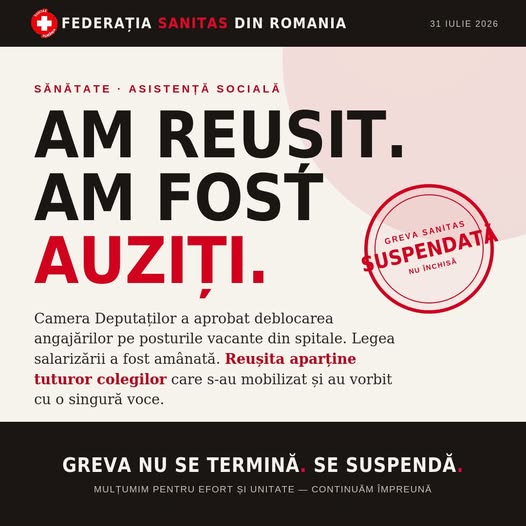 SANITAS suspendă greva generală după am&acirc;narea legii salarizării și deblocarea posturilor din Sănătate: &bdquo;Pentru noi, acest proiect nu mai există&rdquo;
 - poza 1
