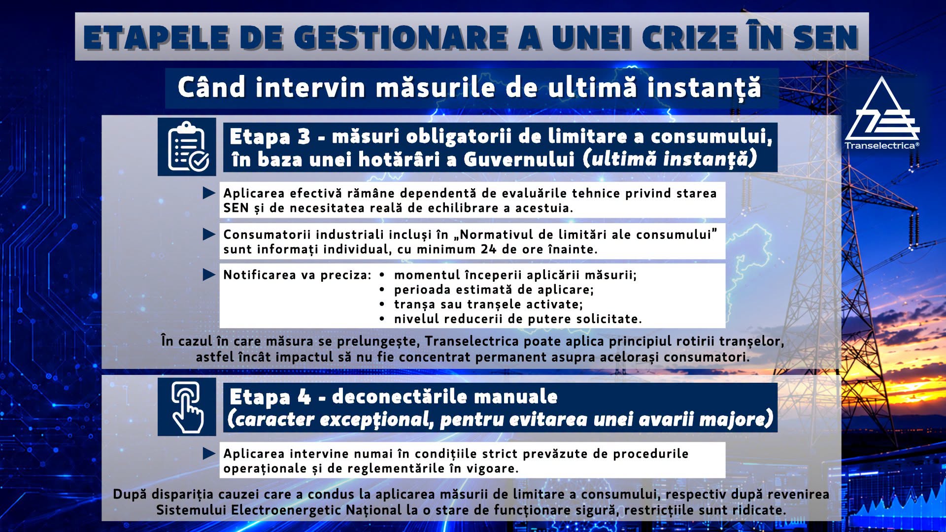 Transelectrica prezintă etapele parcurse &icirc;n gestionarea Sistemului Electroenergetic Naţional &icirc;n situaţii de criză &ndash; Se merge progresiv de la măsuri tehnice, reducerea voluntară a consumului, p&acirc;nă la limitarea consumului şi deconectarea manuală
 - poza 2