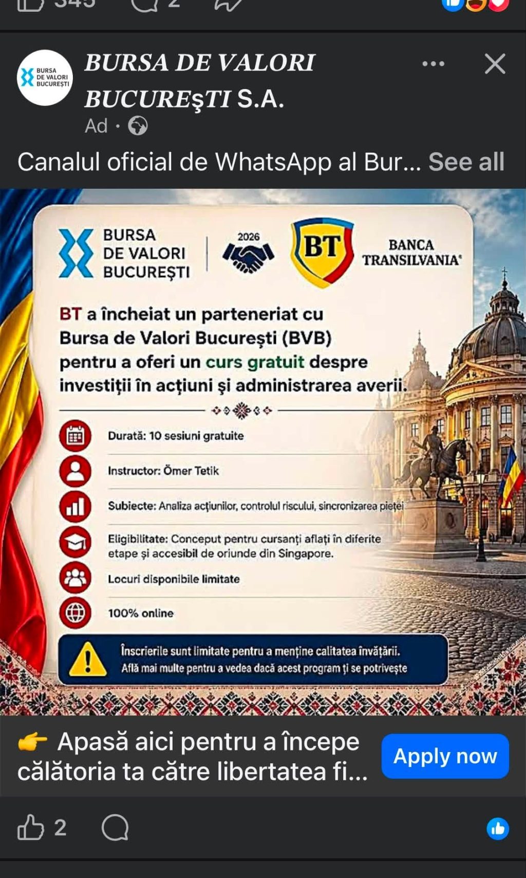 Avocatul Victor Stănilă avertizează asupra unei reclame false care folosește identitatea BVB și a Băncii Transilvania pentru a atrage investitori
 - poza 1