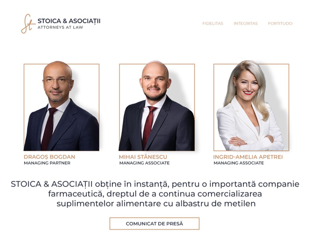STOICA & ASOCIAȚII obține în instanță, pentru o importantă companie farmaceutică, dreptul de a continua comercializarea suplimentelor alimentare cu albastru de metilen