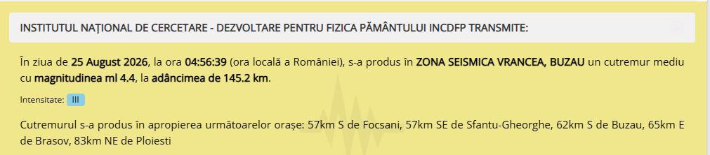 Cutremur de magnitudine 4,4, &icirc;n zona seismică Vrancea, marţi dimineaţă
 - poza 1