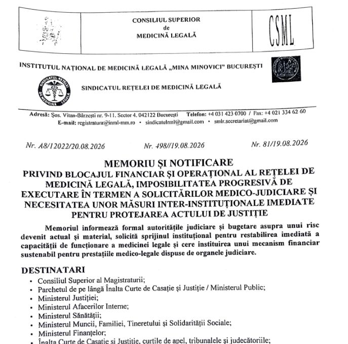 Medicina legală avertizează asupra unui „colaps financiar și operațional”; Salarii neplătite, tarife înghețate din 2006 și datorii ale instituțiilor judiciare; Deficit uriaș de medici legiști