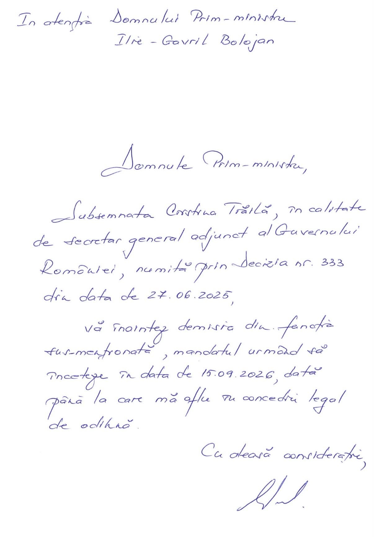 Cristina Trăilă demisionează din funcția de secretar general adjunct al Guvernului: „Sunt total nevinovată. Scandalul este speculat în detrimentul imaginii premierului Ilie Bolojan”