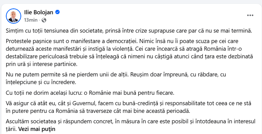 Ilie Bolojan, reacție pe Facebook: &bdquo;Cei care &icirc;ncearcă să atragă Rom&acirc;nia &icirc;ntr-o destabilizare periculoasă trebuie să &icirc;nțeleagă că nimeni nu c&acirc;știgă atunci c&acirc;nd țara este dezbinată prin ură și interese partinice&rdquo;
 - poza 1