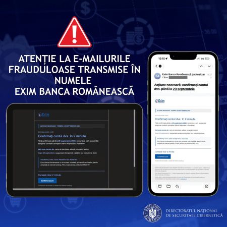 Alertă DNSC: Atenție la emailurile fraudulente transmise sub identitatea Exim Banca Românească - poza 1