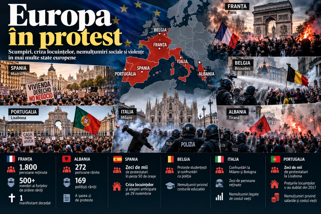 Val de proteste în Europa: aproape 1.800 de persoane reținute în Franța, sute de răniți în Albania și manifestații împotriva scumpirilor în Italia, Belgia, Spania și Portugalia
